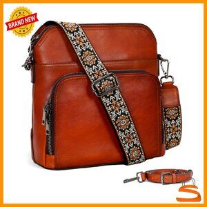 Leather Crossbody Bag with Multi Pockets, Adjustable Straps, Medium Size for